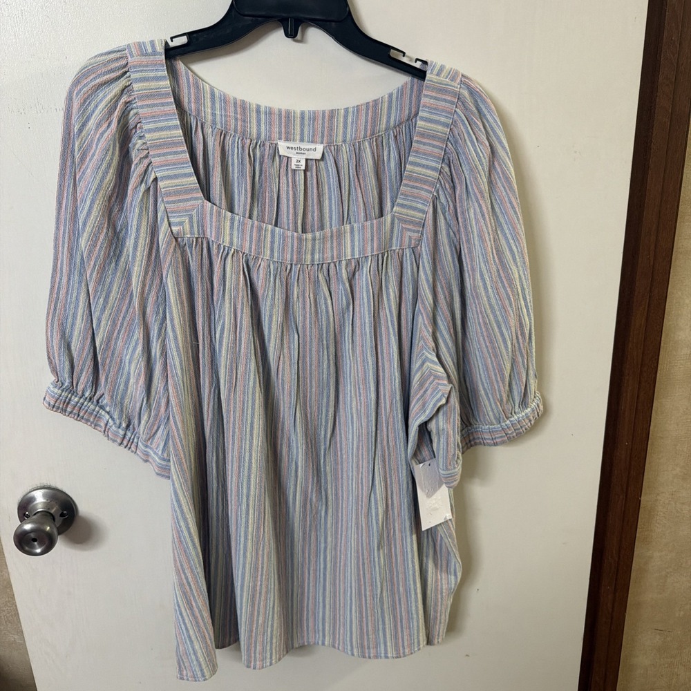 NWT WESTBOUND 2X Blue Multi Stripe Square Neck Puff Short Sleeve Top